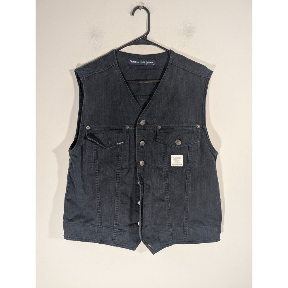 Vintage Bossini Jeans Denim Vest Mens Sz XL Black Ribbed Trucker Biker Retro